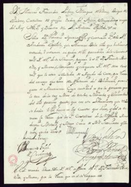 Orden del marqués de Villena de libramiento a favor de Fernando de Bustillo y Azcona de 750 reale...