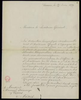 Carta de Estanislas J[oseph] Siennicki a Manuel Tamayo y Baus, secretario, en la que agradece el ...
