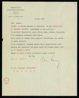 Carta de Ezio Levi al secretario en la que acusa recibo del fascículo CV del Boletín con su artíc...