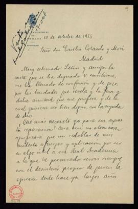 Carta de Ángel Sallent y Gotés a Emilio Cotarelo en la que acusa recibo de su carta, que agradece...