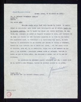 Carta de José Blanco Amor a Melchor Fernández Almagro en la que le anuncia el envío de su novela ...