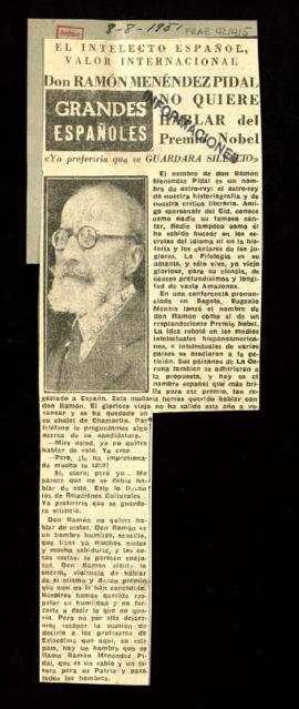 Recorte del diario Informaciones con el artículo Don Ramón Menéndez Pidal no quiere hablar del Pr...