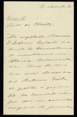 Carta de José M[arí]a Ortega Morejón al director, el conde de Cheste, en la que traslada el deseo...