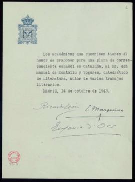 Propuesta de Ricardo León, E[duardo]. Marquina y Eugenio d'Ors de Manuel de Montoliú y Togores co...