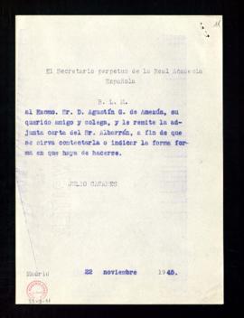 Copia del besalamano del secretario a Agustín G. de Amezúa de remisión de la carta del señor Alba...