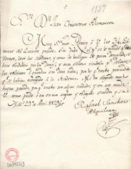 Carta de Rafael Sánchez de Aguilera a Juan Crisóstomo Ramírez Alamanzón con la que le remite las ...