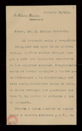 Carta de J[uan] Navarro Reverter al secretario [Emilio Cotarelo] en la que le comunica que no pue...
