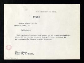 Copia del telegrama de Dámaso Alonso a Narciso Alonso Cortés en el que le transmite que la Real A...