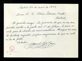 Carta de Samuel Gili Gaya a Alonso Zamora Vicente con su voto para la elección de académico en la...