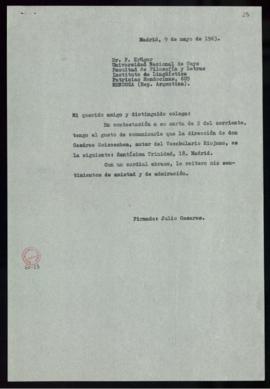 Copia sin firma de la carta de Fritz Krüger a Julio Casares con la dirección de C. Goicoechea, au...