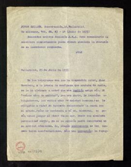 Copia del telegrama de Juan Guerrero a Jorge Guillén y de la carta de Guillén a Juan Guerrero en ...