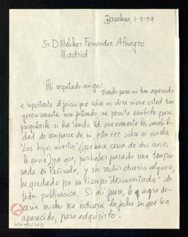 Carta de Ana María Matute a Melchor Fernández Almagro en la que le pregunta si se ha ocupado de s...