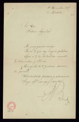 Carta de E[duardo] Benot a Antonio Aguilar con la que remite un ejemplar de su Aritmética