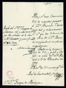 Orden de Manuel de Lardizábal del pago a Antonio Carnicero de 1800 reales de vellón por unos dibu...