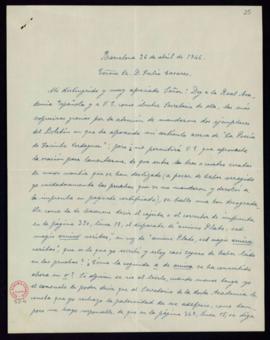 Carta de Ramón D. Perés a Julio Casares en la que expresa su agradecimiento por el envío del ejem...