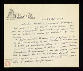 Carta de Francisco de Cossío a Melchor Fernández Almagro en la que expresa su agradecimiento por ...