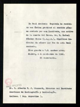 Copia sin firma del oficio del secretario a Alberto F. J. Otamendi, director del Instituto Americ...