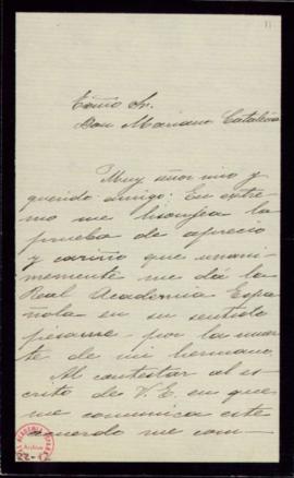 Carta de Juan Valera al secretario, Mariano Catalina, de agradecimiento a la Academia por el pésa...
