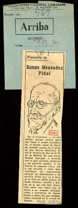 Recorte del diario Arriba con el artículo Presencia de Ramón Menéndez Pidal
