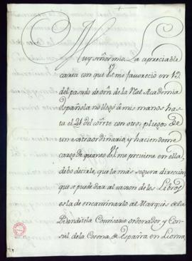Carta de José de Montealegre a Vincencio Squarzafigo en la que indica que lo más seguro es enviar...