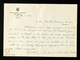 Carta de M.ª Antonia Sanz Cuadrado a Melchor Fernández Almagro con la que le envía un ejemplar de...