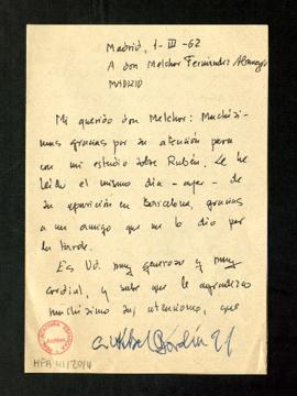 Carta de Ramón de Garciasol a Melchor Fernández Almagro en la que le agradece su atención para co...