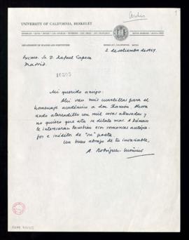 Carta de Antonio Rodríguez-Moñino a Rafael Lapesa a la que adjunta sus cuartillas para el homenaj...
