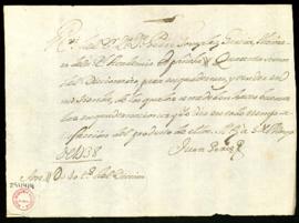 Carta de Manuel de Villegas y Piñateli a Jacinto [García Salazar] con la orden de que entregue a ...