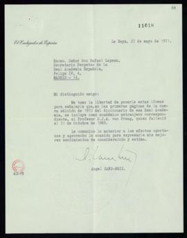 Carta del embajador de España, Ángel Sanz-Briz, a Rafael Lapesa en la que le advierte de que en l...