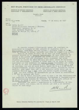 Carta de C. F. Adolf van Dam a Julio Casares en la que le anuncia el envío de un paquete de papel...