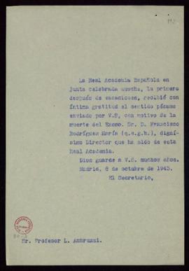 Copia sin firma del secretario [Julio Casares] a L. Ambruzzi de traslado del agradecimiento de la...