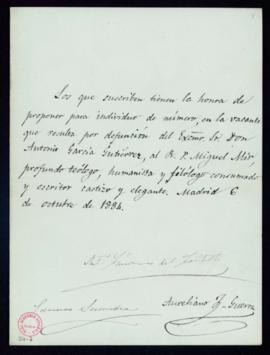 Propuesta de Ant[oni]o Cánovas del Castillo, Eduardo Saavedra y Aureliano F[ernánde]z-Guerra de l...