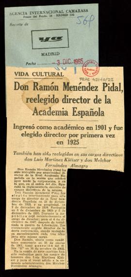 Recorte del diario Ya con la noticia Don Ramón Menéndez Pidal, reelegido director de la Academia ...