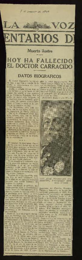 Recorte del diario La Voz de 3 de enero de 1928, con la noticia del fallecimiento de José Rodrígu...
