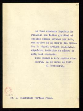 Copia sin firma del oficio del secretario a Salustiano Portela Pazos de traslado del agradecimien...