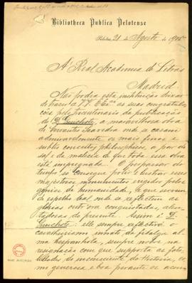 Carta de M. S. Gomes de Freitas, secretario de la Bibliotheca Pública Pelotense, de felicitación ...