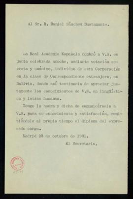Copia sin firma del oficio del secretario a Daniel Sánchez Bustamante de traslado de su nombramie...