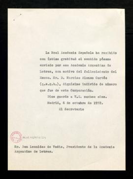 Copia sin firma del oficio del secretario a Leonidas de Vedia, presidente de la Academia Argentin...