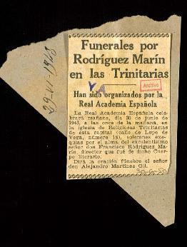 Recorte de prensa del diario Ya con la noticia Funerales por Rodríguez Marín en las Trinitarias. ...