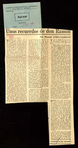 Recorte del diario Ya con el artículo Unos recuerdos de don Ramón, por Manuel Lora-Tamayo