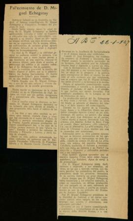 Recorte del diario ABC de 22 de enero de 1927, con la noticia del fallecimiento de Miguel Echegaray