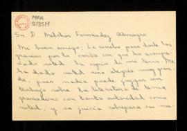 Carta de Marisol Carrasco Urgoiti a Melchor Fernández Almagro en la que le agradece la carta con ...