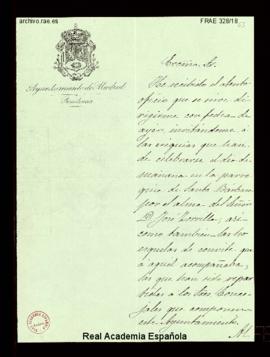 Carta del conde de San Bernardo, alcalde de Madrid, al director, conde de Cheste, de agradecimien...