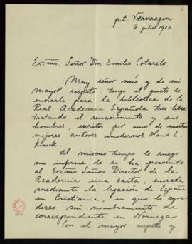 Carta de Magnus Grönvold a Emilio Cotarelo con la que le remite tres libros sobre el Renacimiento...