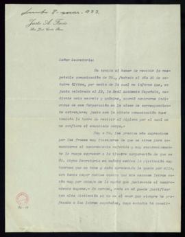 Carta de Justo A. Facio a Emilio Cotarelo, secretario, en la que acusa el recibo de su comunicaci...