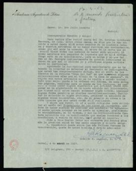 Carta de Rodolfo M. Ragucci a Julio Casares en la que le informa sobre una carta que recibió de E...