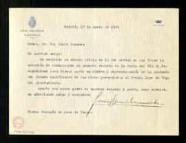 Carta de Juan Ignacio Luca de Tena, marqués de Luca de Tena, a Julio Casares en la que le comunic...