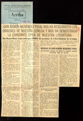 Recorte del diario Arriba con el artículo Don Ramón Menéndez Pidal nos ha descubierto los orígene...