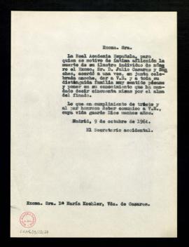 Copia del oficio del secretario accidental, Rafael Lapesa, a María Koehler, viuda de Julio Casare...