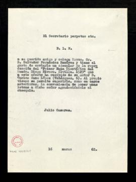 Copia del besalamano de Julio Casares a Salvador Fernández Ramírez, con el que le envía un ejempl...